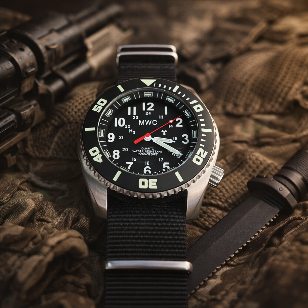 MWC "Depthmaster" 100atm / 3,280ft / 1000m Water Resistant Military Divers Watch in a Stainless Steel Case with GTLS and Helium Valve (10 Year Battery Life)