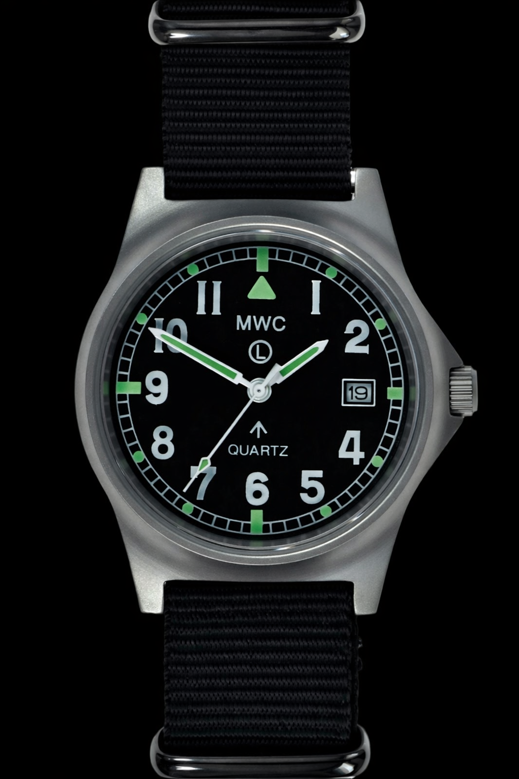 Reloj militar MWC G10LM de acero inoxidable – correa NATO negra (modelo de contrato con Broad Arrow / Pheon)