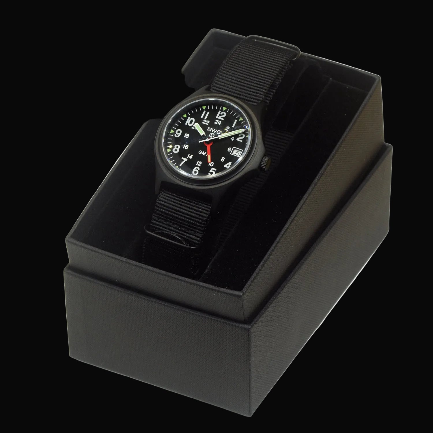 MWC GMT (Dual Time Zone) 200m/660ft Water resistant Military Watch in Black PVD Steel Case with Screw Crown