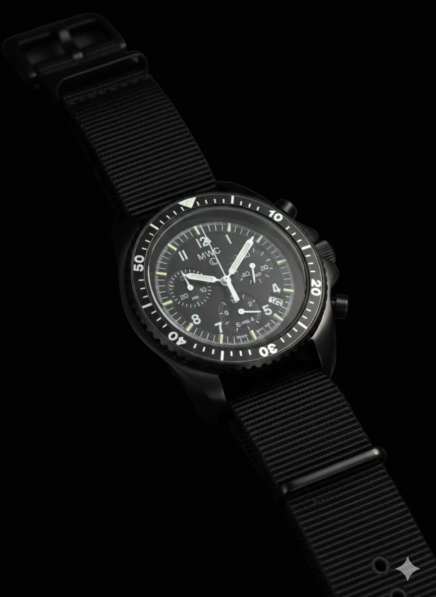 Cronógrafo de pilotos militares MWC patrón NATO de acero PVD negro con cristal de zafiro y movimiento suizo Ronda con iluminación GTLS/Tritio