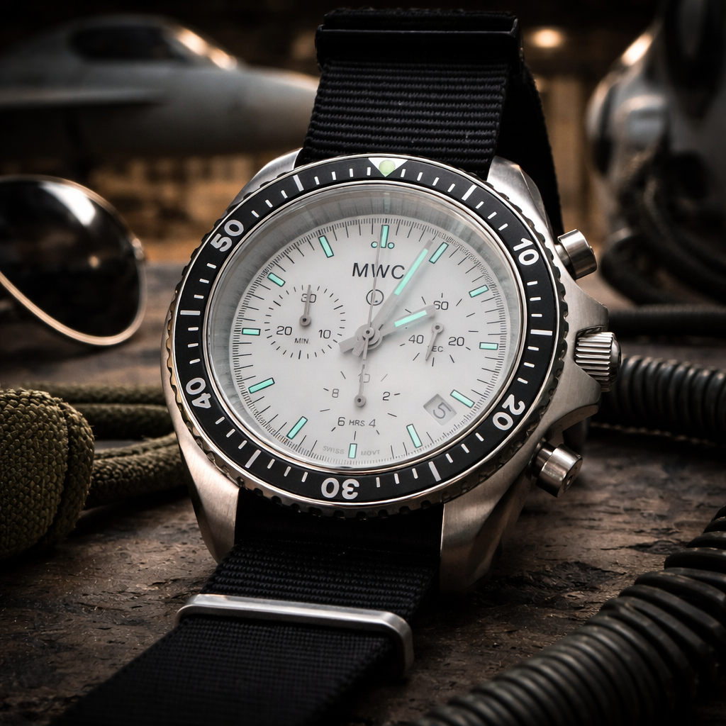 Cronografo Pilota Militare in Acciaio Inossidabile con Motivo NATO MWC con Vetro Zaffiro e Movimento Svizzero Ronda