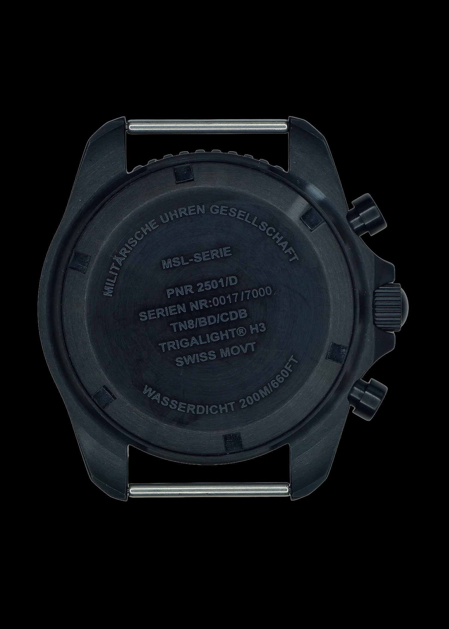 Cronógrafo de pilotos militares MWC patrón NATO de acero PVD negro con cristal de zafiro y movimiento suizo Ronda con iluminación GTLS/Tritio