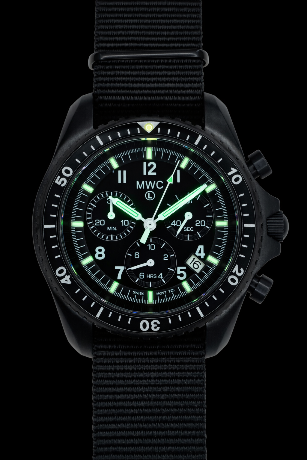 MWC NATO-Muster Schwarzer PVD-Stahl Militärpiloten-Chronograph mit Saphirglas und Schweizer Ronda-Werk mit GTLS/Tritium-Beleuchtung