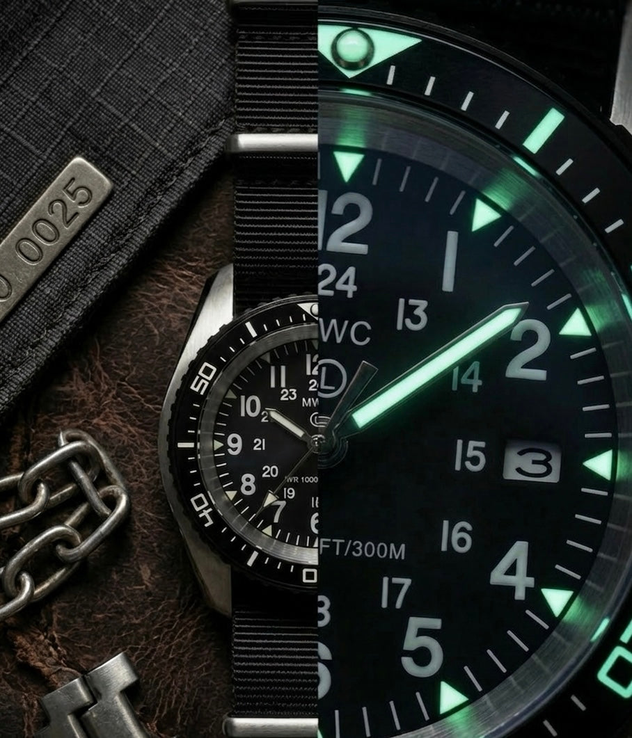 Edelstahl Militärtaucheruhr mit Automatikwerk 24 Rubin, 12/24-Stunden-Zifferblatt, Saphirglas und Keramiklünette (Taktische feste Bandstege)