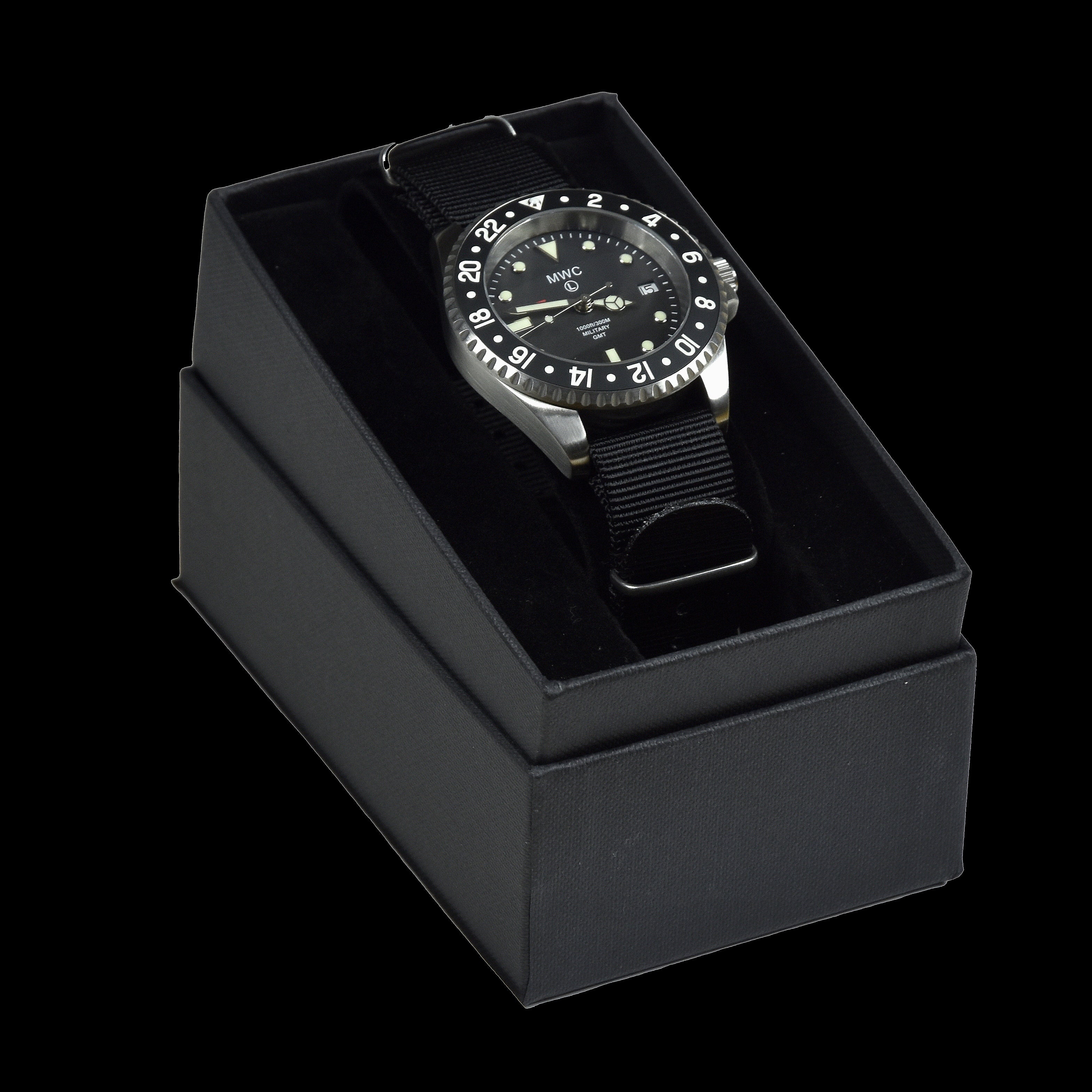 MWC Edelstahl GMT (Duale Zeitzone) Militäruhr mit Saphirglas und Keramiklünette an NATO-Armband