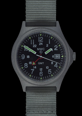 MWC GMT (Dual Time Zone) Stainless Steel Military Watch with Sapphire Crystal and Ceramic Bezel on a Matching Stainless Steel Bracelet