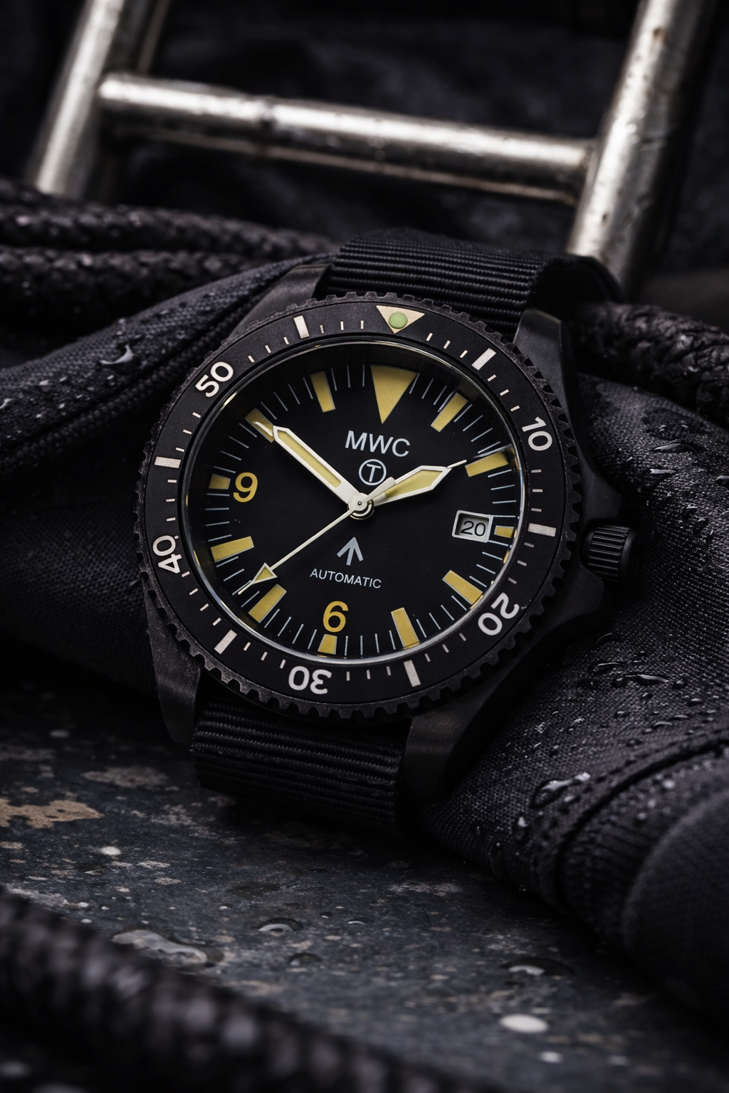 MWC 1999-2001 Pattern Black PVD Automatic Military Divers Watch with Retro Luminous Paint, Sapphire Crystal, 60 Hour Power Reserve