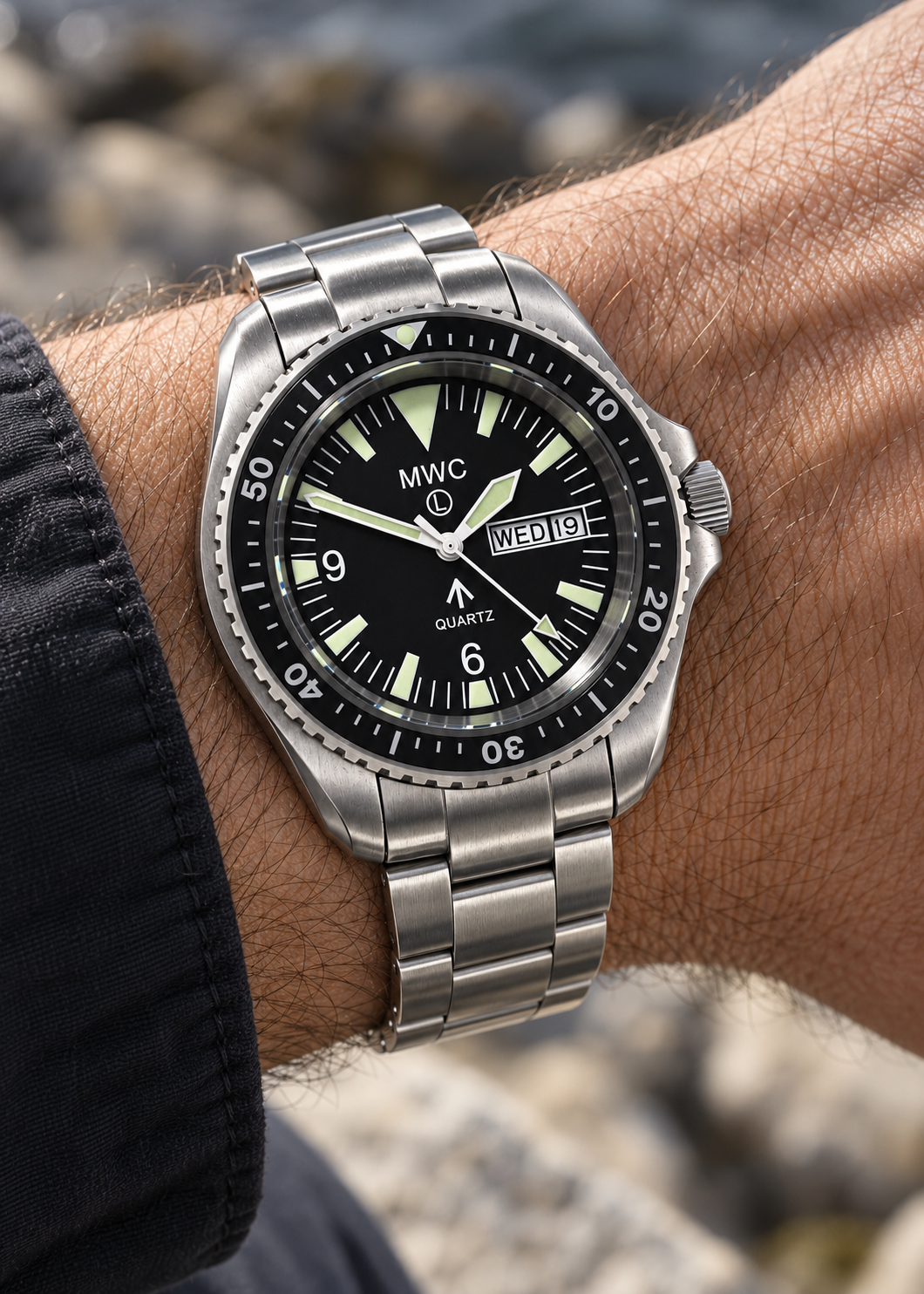MWC 1999-2001 Muster Quarz Tag/Datum Militär Taucheruhr mit Edelstahlgehäuse und Saphirglas