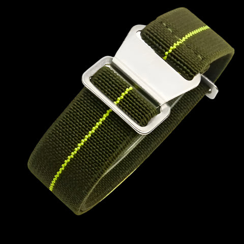 22mm Elasticated French Navy and Special Forces Strap in Green with a Yellow Stripe