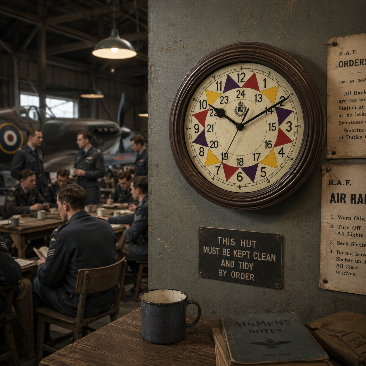 Horloge murale réplique du secteur modèle « Bataille d'Angleterre » RAF 1940 avec mouvement à quartz silencieux et aiguille des secondes continue (Taille 12" / 30,5 cm)
