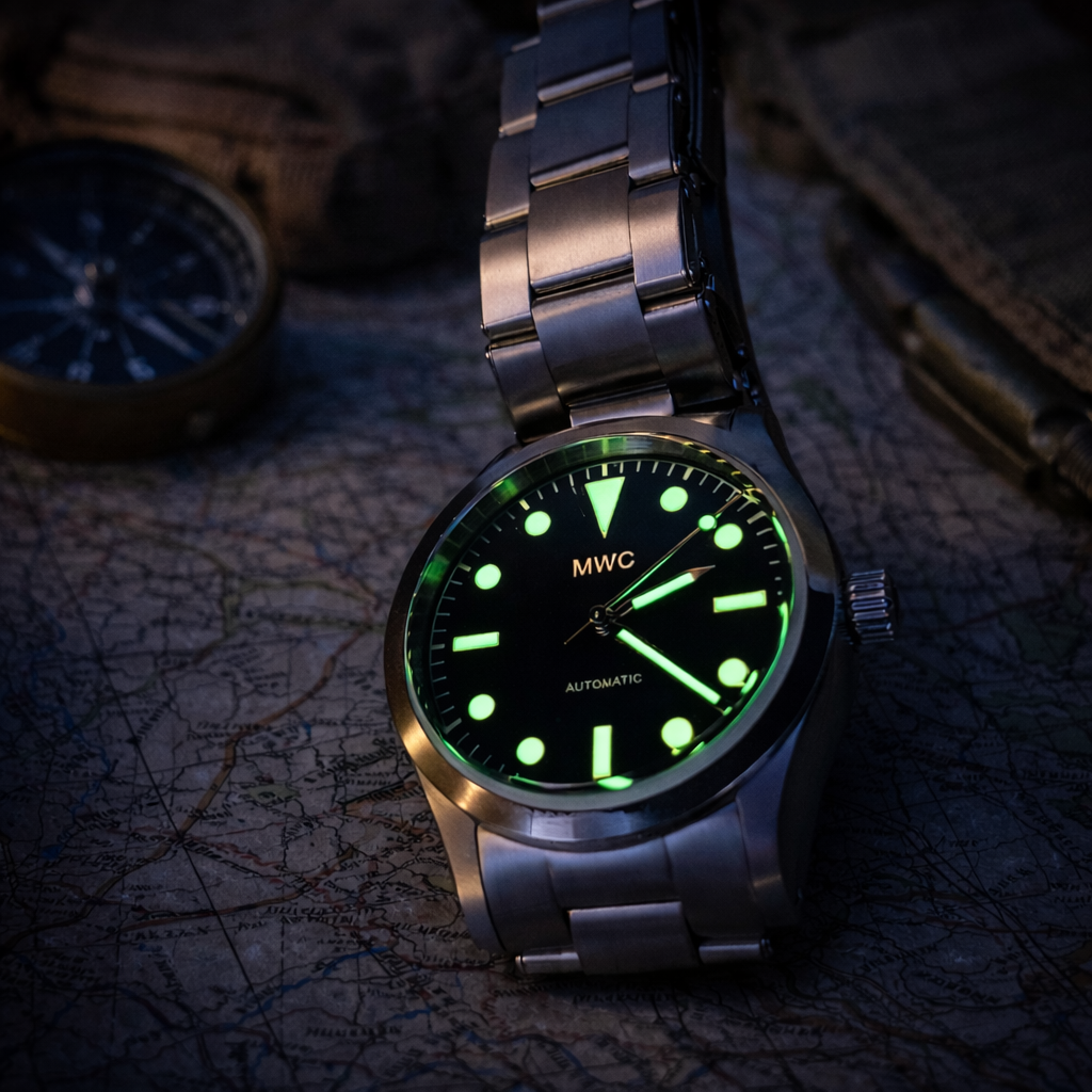 MWC Klassische Uhr im Stil der 1950er/1960er Jahre mit 25 Rubinlager Steinen, Automatikwerk, „Abenteurer“ Modell, 200 m Wasserdicht, Retro-Leuchtfarbe, Saphirglas und Armband im Muster der 1960er Jahre