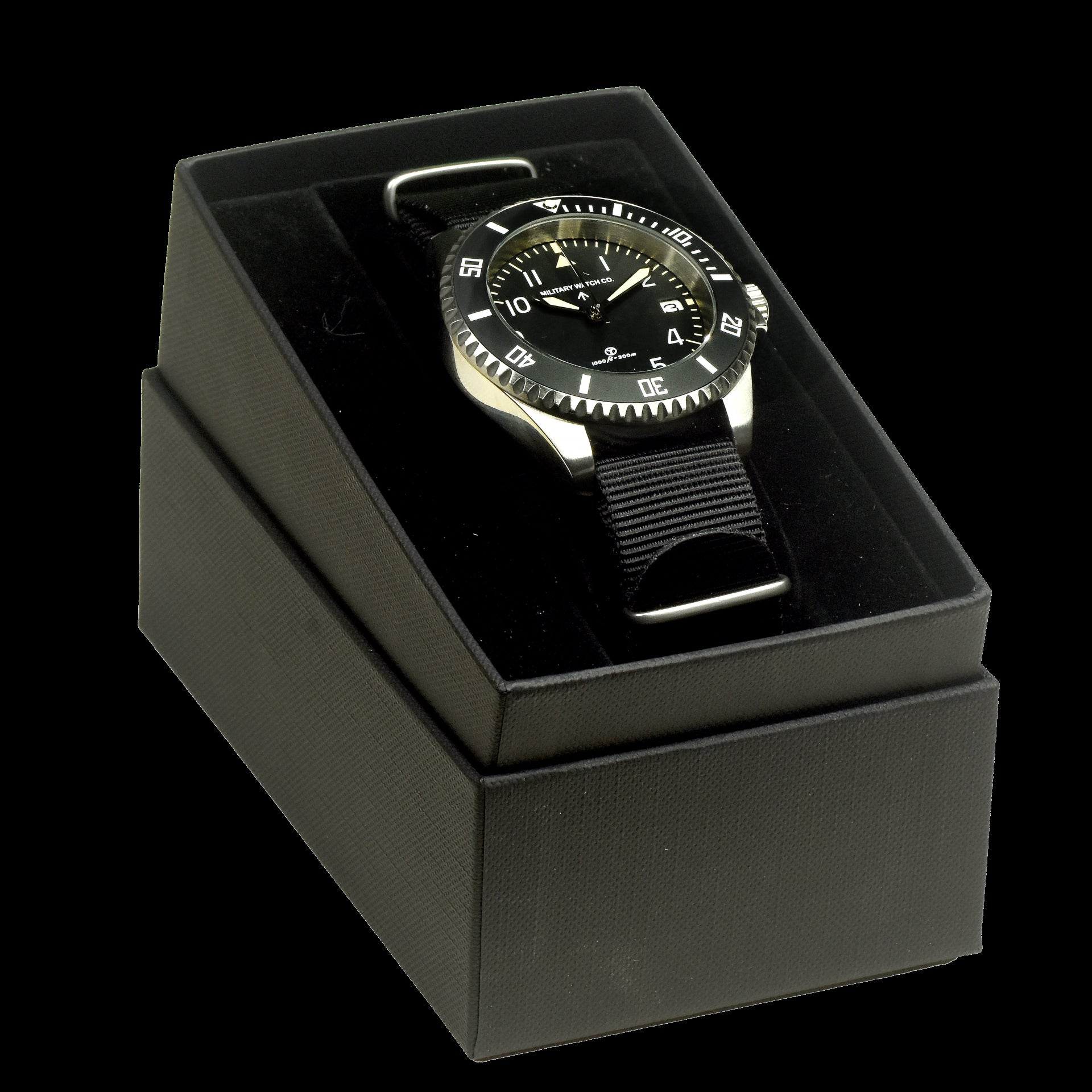 MWC Orologio subacqueo militare automatico 300m modello 1980 a 24 rubini con vetro zaffiro e lunetta in ceramica su cinturino NATO in tessuto (con data)