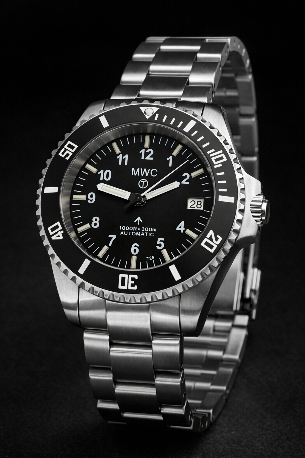 MWC 24 Jewel 300m Automatic Military Divers Watch with Tritium GTLS Illumination, Sapphire Crystal and Ceramic Bezel and Steel Bracelet