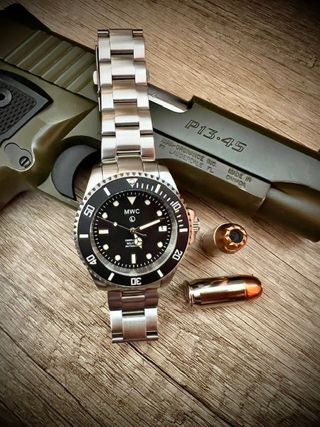 MWC 24 Jewel 300m Automatic Military Divers Watch with Sapphire Crystal and Ceramic Bezel on a Matching Stainless Steel Bracelet