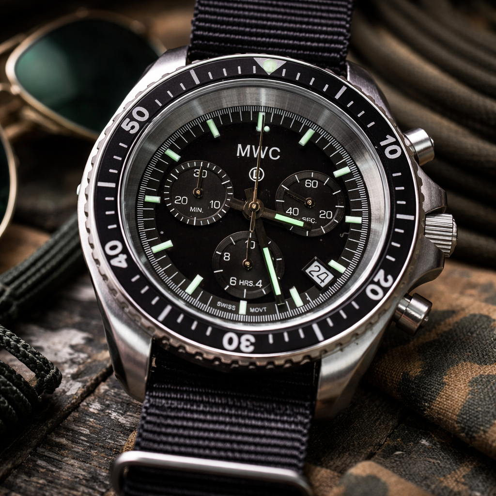 MWC NATO-Muster Edelstahl Militärpiloten-Chronograph mit Saphirglas und Schweizer Ronda-Uhrwerk