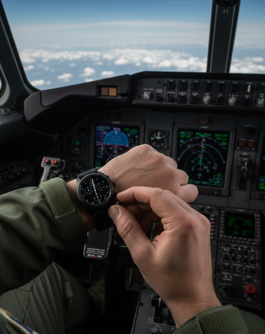 MWC Mechanisch/Quarz Hybrid NATO-Muster Militärpiloten-Chronograph in nicht reflektierender schwarzer PVD-Beschichtung