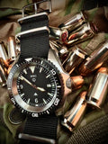 Stainless Steel Military Divers Watch with Automatic 24 Jewel Movement, 12 Hour Dial Format, Sapphire Crystal and Ceramic Bezel (Tactical Solid Strap Bars)