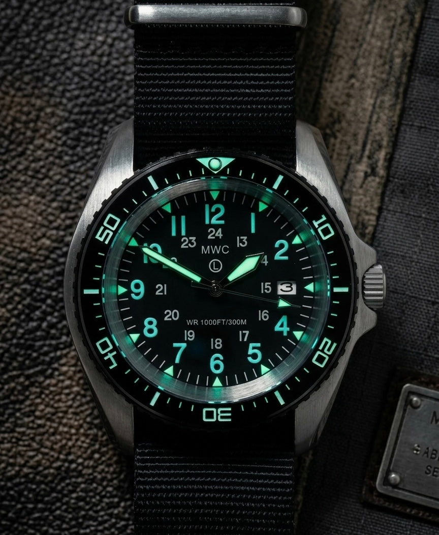 Edelstahl Militärtaucheruhr mit Automatikwerk 24 Rubin, 12/24-Stunden-Zifferblatt, Saphirglas und Keramiklünette (Taktische feste Bandstege)