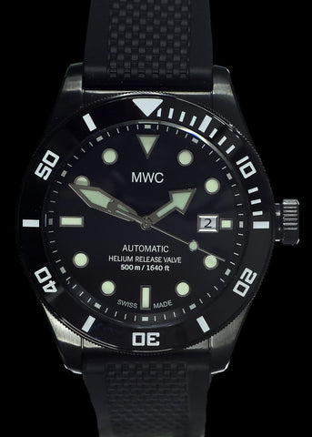 MWC Swiss Made 500m (1640ft) Water Resistant Automatic Divers Watch in Black PVD Stainless Steel With Sapphire Crystal, Ceramic Bezel and Helium Valve - Ex Display Watch Reduced