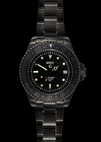MWC Stainless Steel GMT (Dual Time Zone) Military Watch with Sapphire Crystal and Ceramic Bezel on Silicon Band with 2 NATO Straps